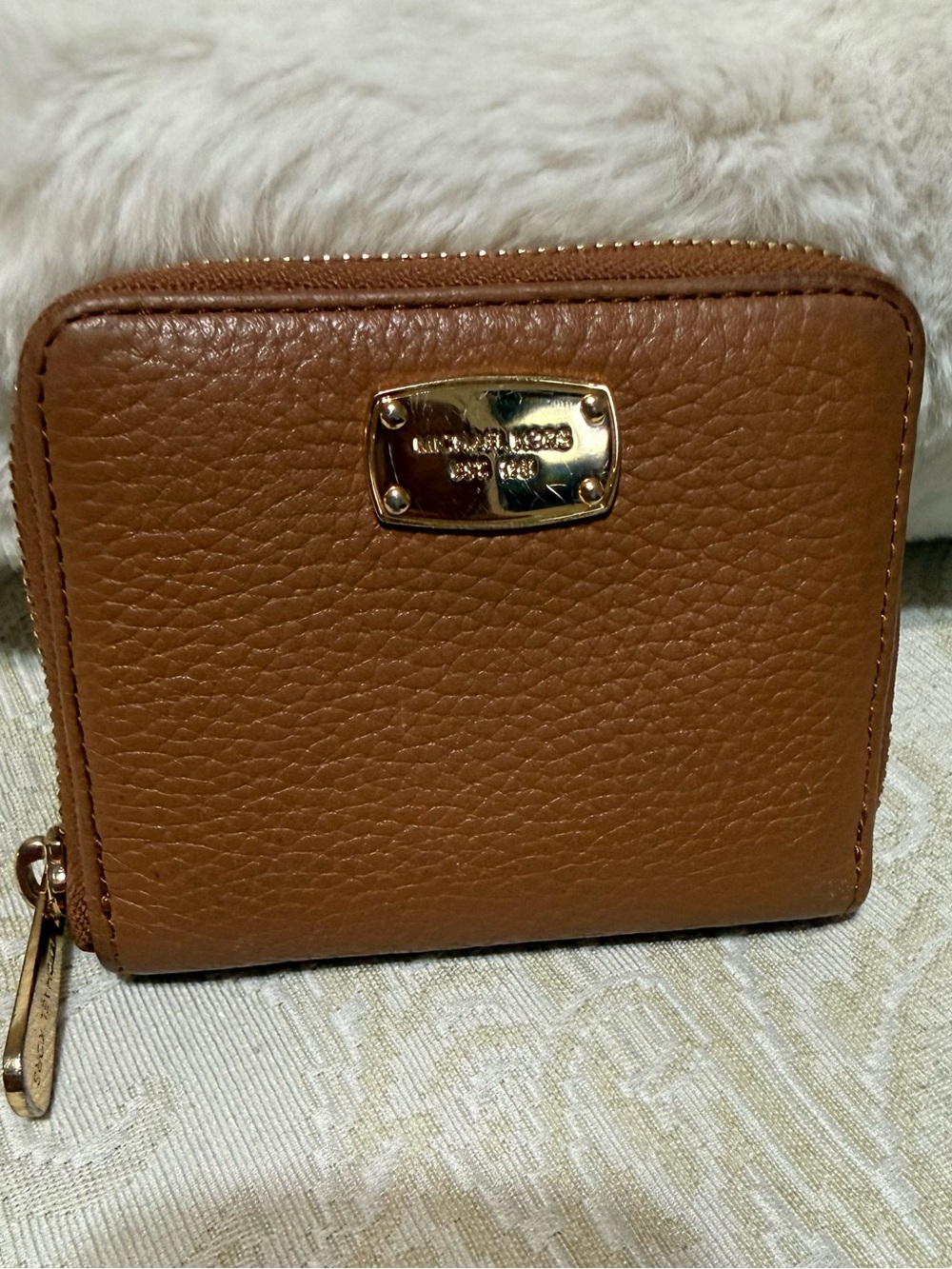 Michael Kors Tan Pebbled Leather Zip Card Wallet with Gold Plaque